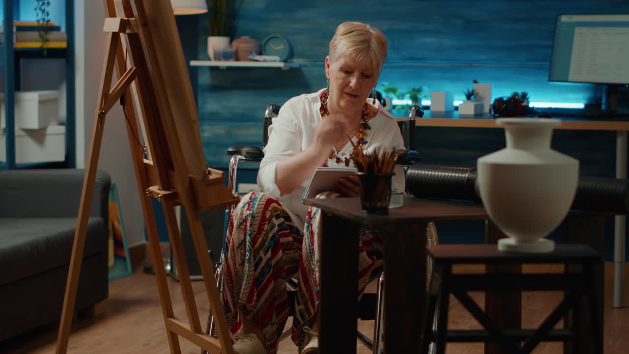 Woman with physical disability using notebook to sketch vase model