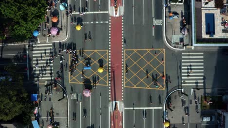 aerial drone top-down bird's eye ascending shot of the famous paulista avenue in the center of são paulo with large skyscrapers surrounding a closed-off intersection with crowds of people walking