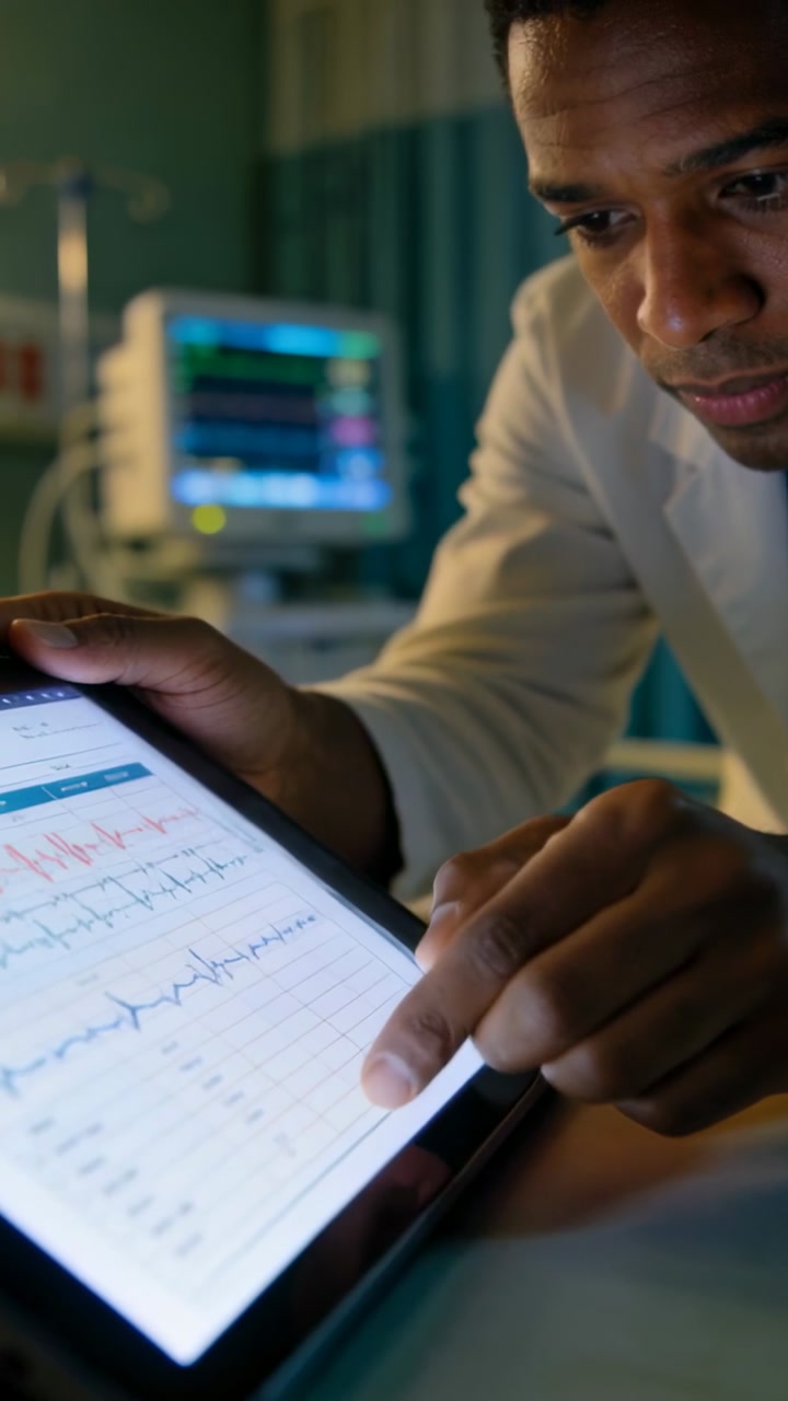 Vertical video: Comparing monitor trace, doctor in lab coat tracing ECG on tablet at bedside