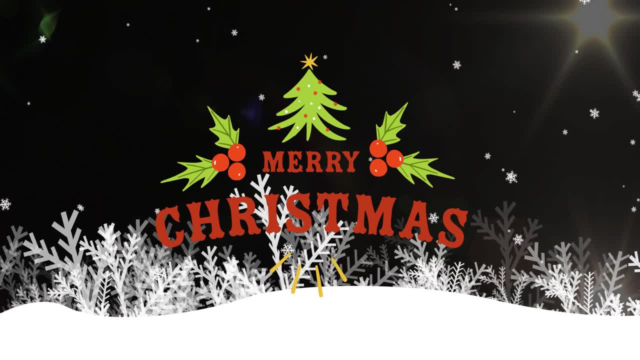 눈이 내리고 크리스마스 장식 위에 크리스마스 축하 문자의 애니메이션