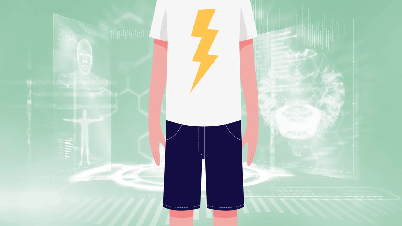 animación de un niño con una máscara facial sobre iconos médicos