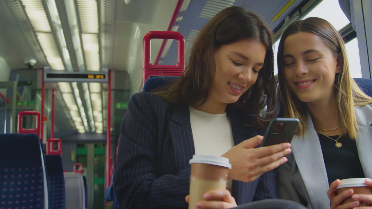dos mujeres de negocios con cafés para llevar que viajan a trabajar en el tren mirando juntos el teléfono móvil