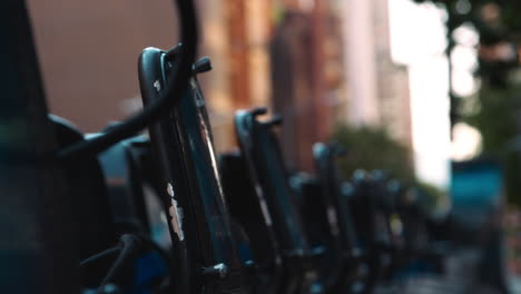 close up of rack of bicycles for hire in new york