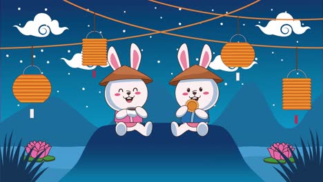 mid autumn festival animation with rabbits drinking tea and eating cookies in lake