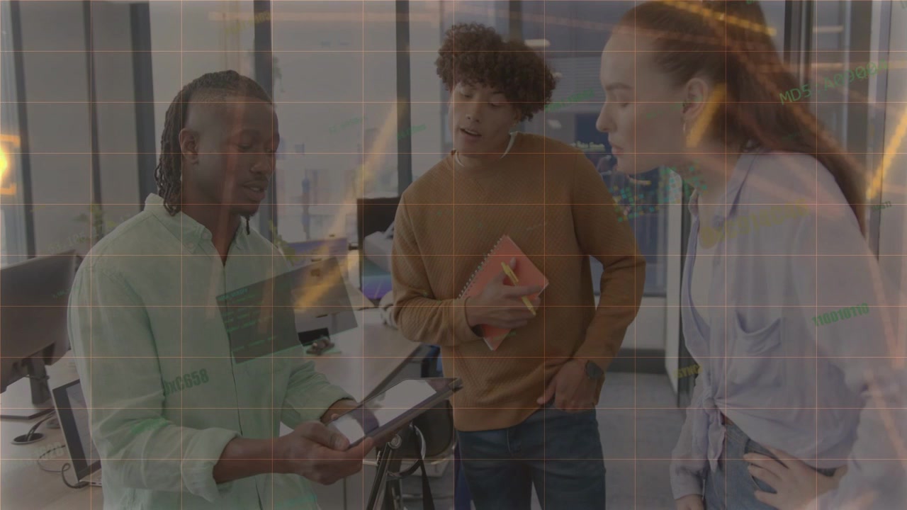 Man tapping tablet, tech team collaborating, pink notebook, orange overlay growing over tablet