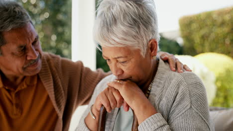 senior couple, sad and grief or loss in community