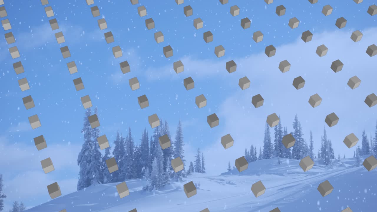 Animazione di un motivo a file di cubi e neve natalizia che cade su un paesaggio invernale.