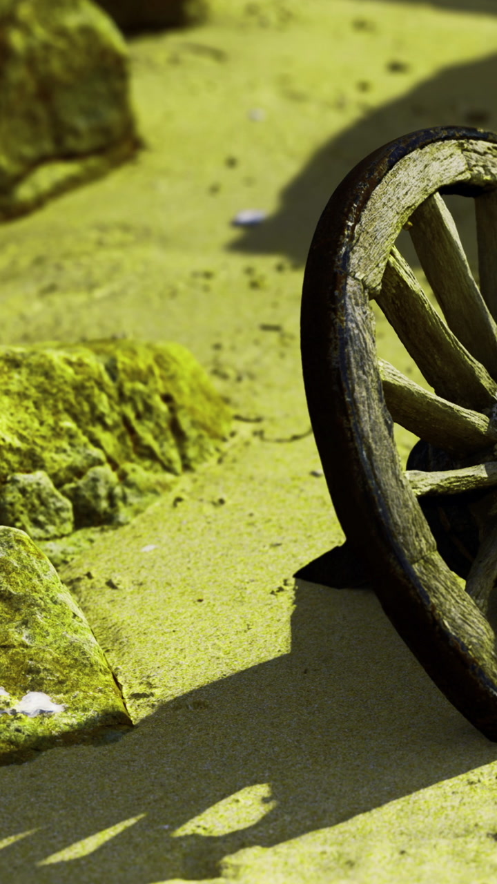 Old wooden cart wheel rests on sandy ground near rocks and vegetation