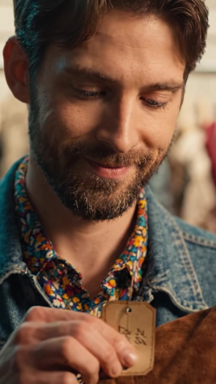 Un esame dettagliato di un capo vintage da parte di un uomo con una camicia floreale colorata, che evidenzia le etichette e le caratteristiche del capo d'abbigliamento in un ambiente informale.