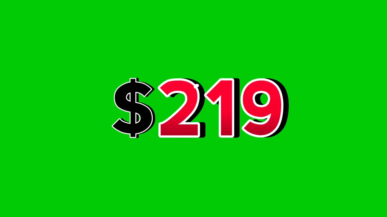 Animation number $219 dollar sign motion graphics with smoke effect green screen background vibrant red numbers. Video 3D effect with shadows for video elements business concept