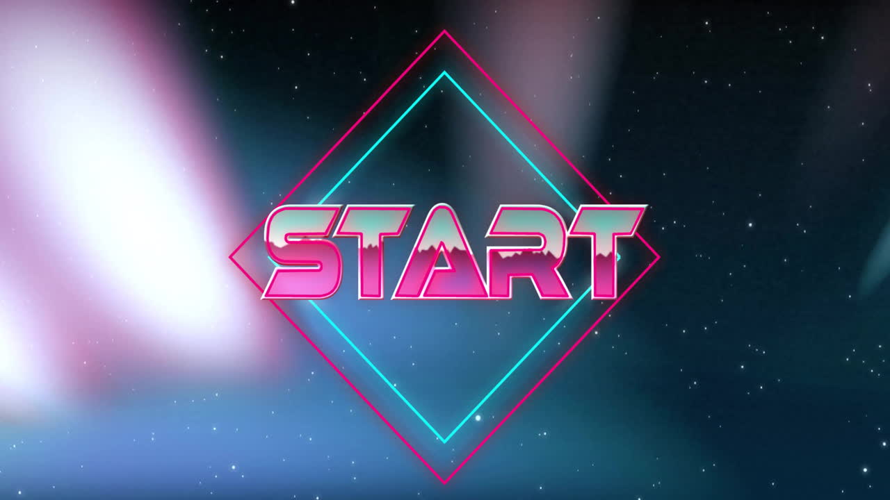 Glowing neon START text animation over starry night sky background
