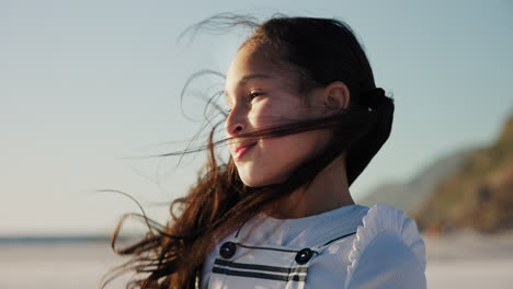 thinking, kid and beach with wind