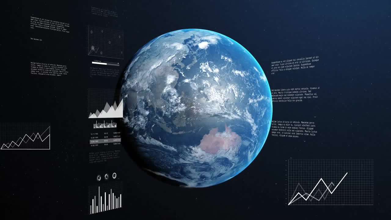 Animation of financial data processing over globe on black background