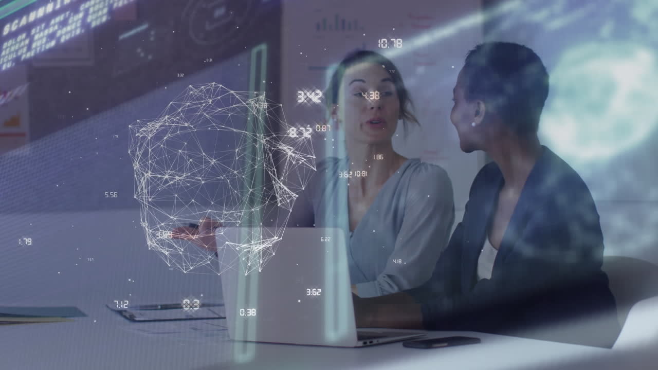 Animation of network processing data over diverse businesswomen talking in office