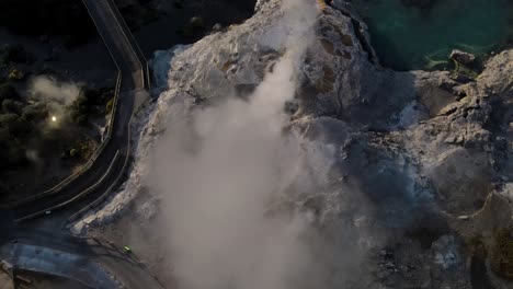 Smoke-Rising-From-Pohutu-Geyser-In-Whakarewarewa,-Rotorua-Lakes,-New-Zealand-During-Eruption
