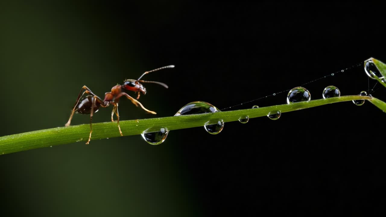 A Close-Up Exploration of an Ant Navigating a Dewy Grass Blade, Highlighting the Intricacies of Nature's Tiny Wonders