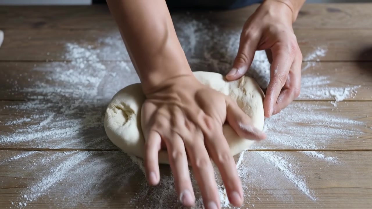 Primo piano delle mani di una persona che impasta pasta di pane fresca su un tavolo di legno infarinato.