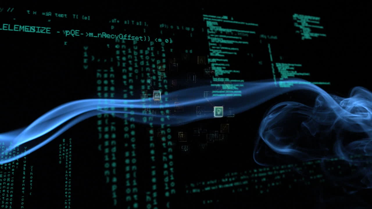 Animation of neon waves over data processing on black background