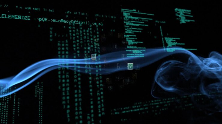 Animation of neon waves over data processing on black background