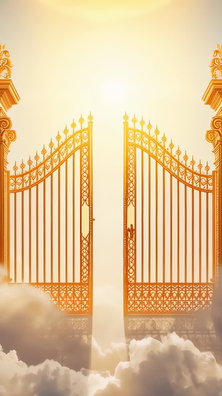 Vertical video: Glowing ornate gate flanked by pillars gaining rim light above clouds, sun rising