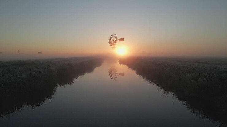 Solopgangståge indhyller eng og vindmølle, droneoptagelse, Friesland, Holland