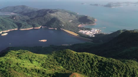 mui wo, hong kong 03 may 2021: top view of lantau island on mui wo, sea sand beach on sunny day