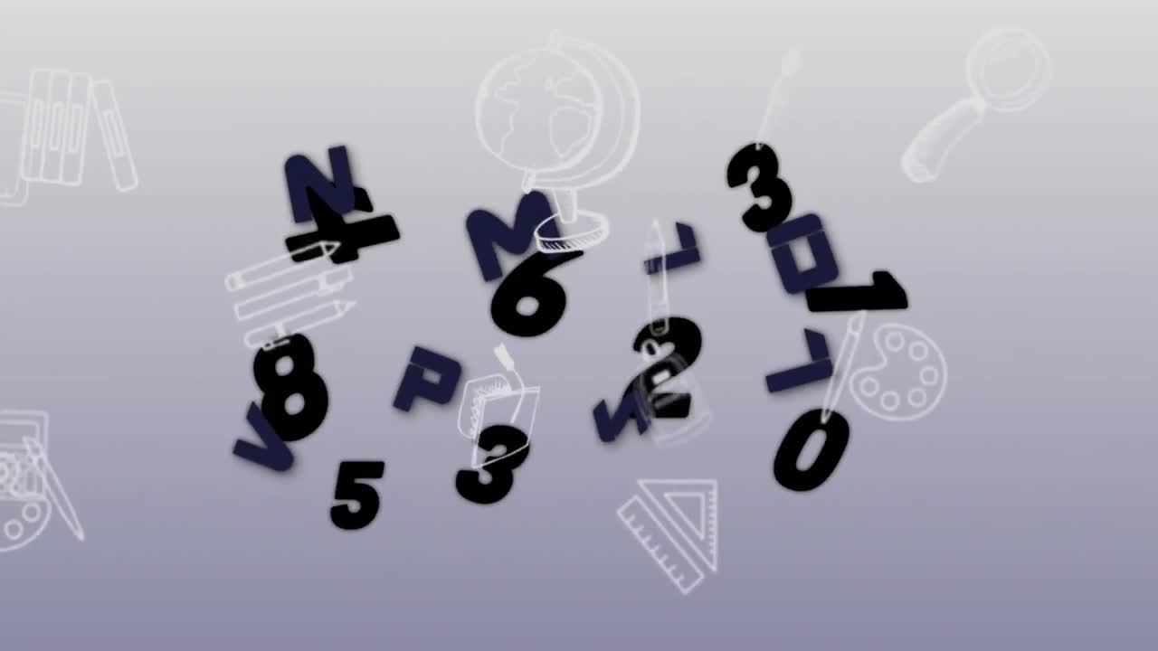 Animazione di numeri e lettere neri che cambiano e materiale scolastico in movimento su sfondo grigio
