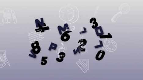 animación de números y letras negras cambiantes y objetos escolares en movimiento sobre un fondo gris