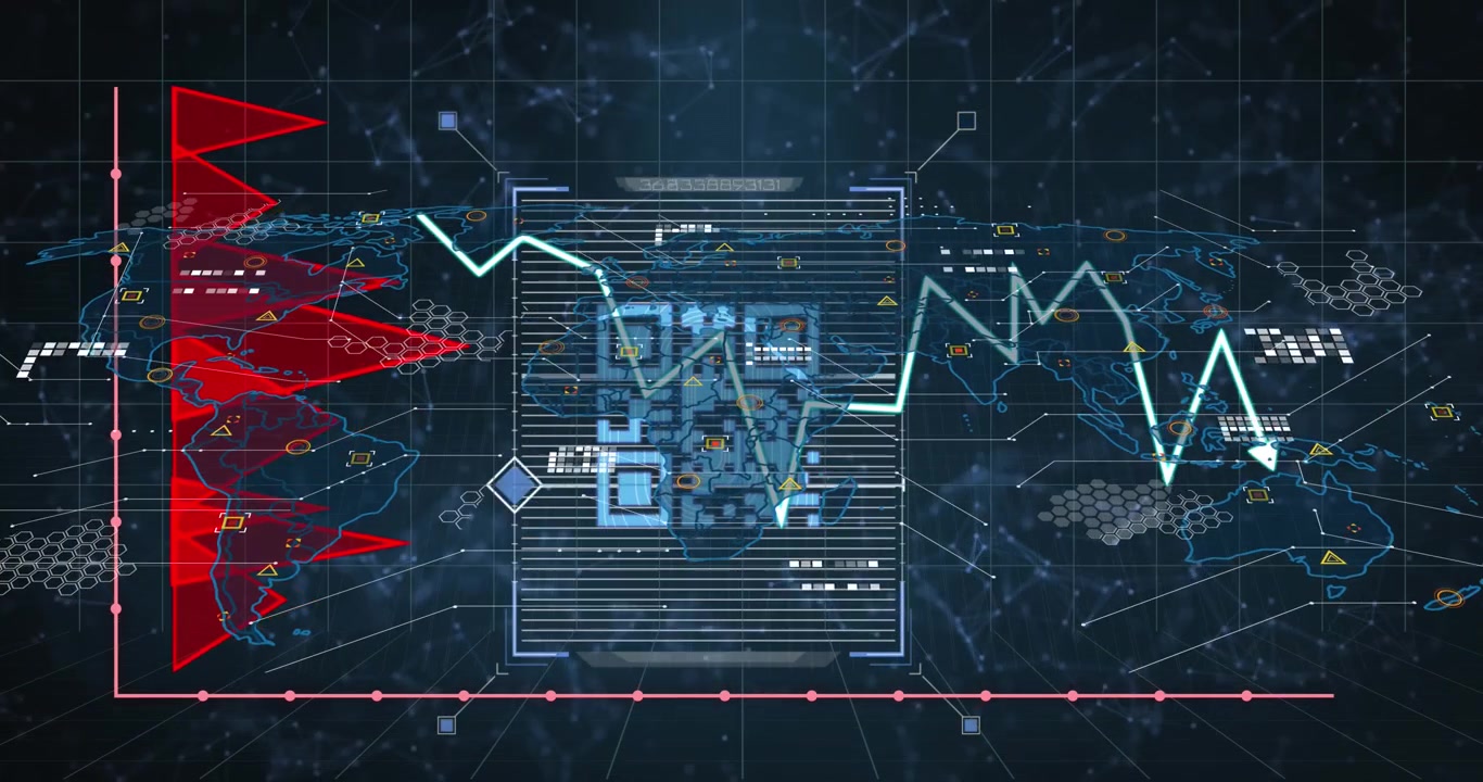 Animation of data processing over world map on transparent background