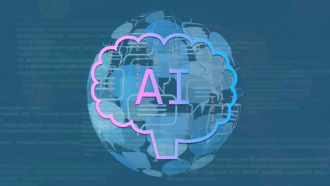 Animation of ai data processing over globe with ai icons