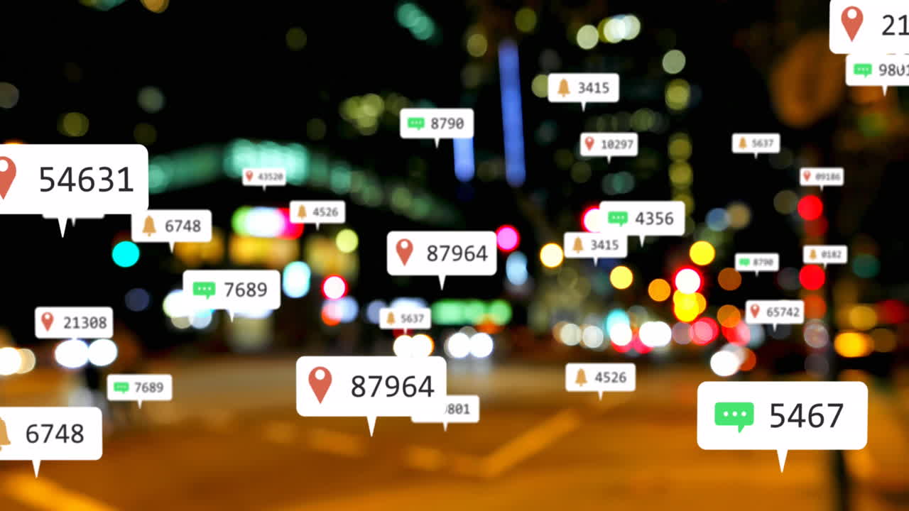 소셜 미디어 아이콘과 숫자의 애니메이션 초점이 맞지 않는 교통 신호등