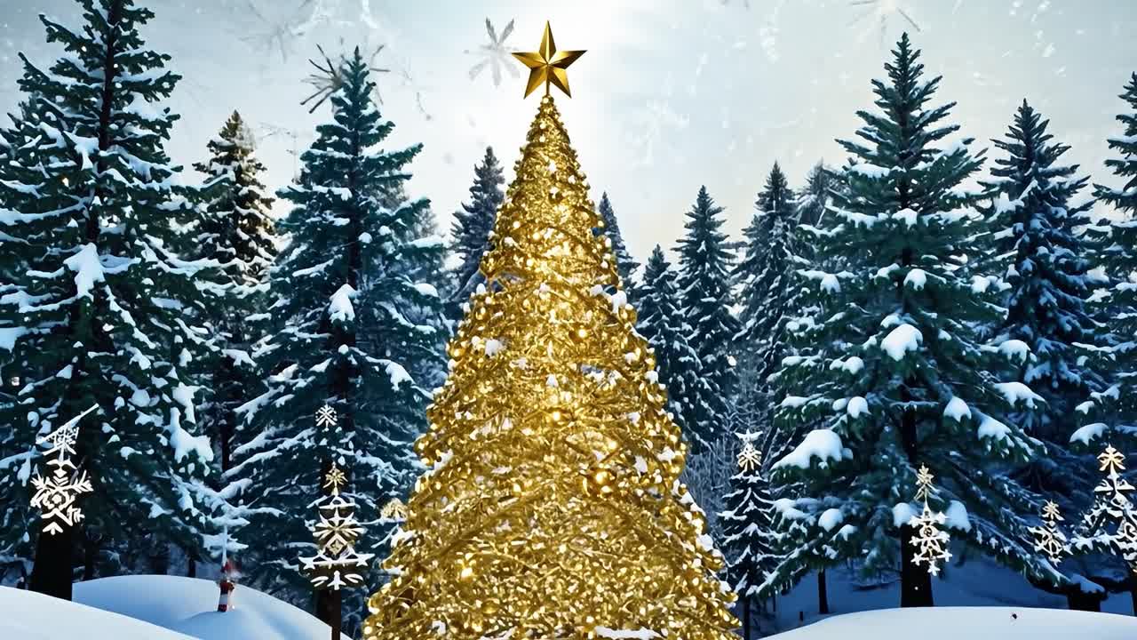 Magnificent golden christmas tree stands majestically in a snowy forest, surrounded by lush, snow covered pine trees, creating a serene and festive winter holiday atmosphere