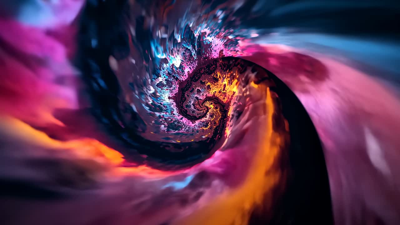 Starting fractal spiral vortex unfolding on digital canvas, with pink orange blue gold streams