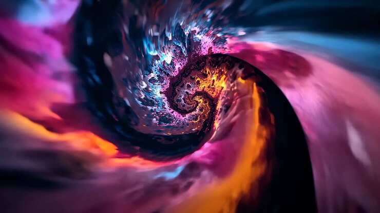 Starting fractal spiral vortex unfolding on digital canvas, with pink orange blue gold streams