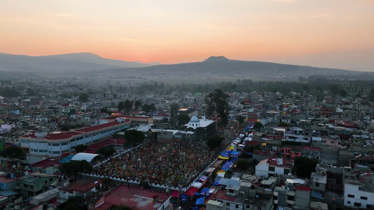 Aerial view towards the Mixquic cementary, during dia de muertos day sunset in Mexico city