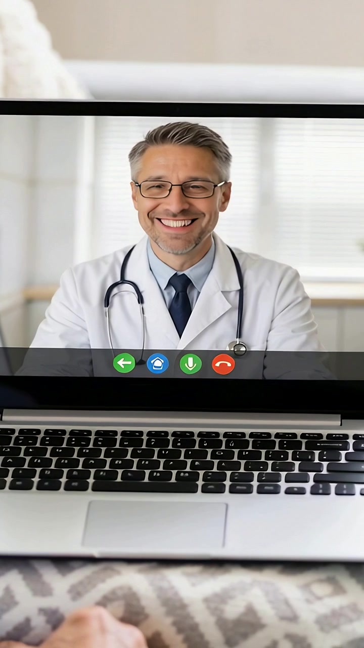Video verticale: Chiamata in corso, medico al laptop che parla e annuisce, rassicurando un paziente a casa
