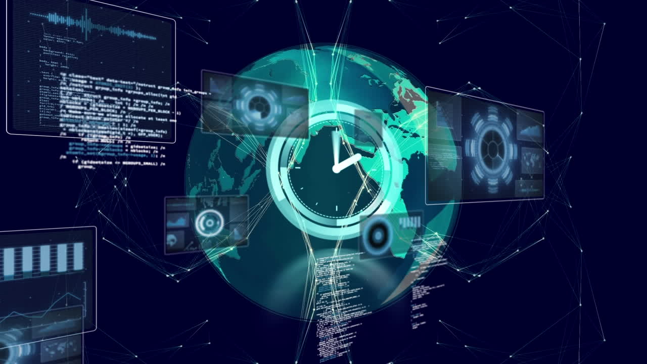 Animation of globe, scopes scanning and data processing on dark background