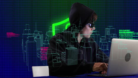 cyber security data processing over 3d city model against male hacker using laptop