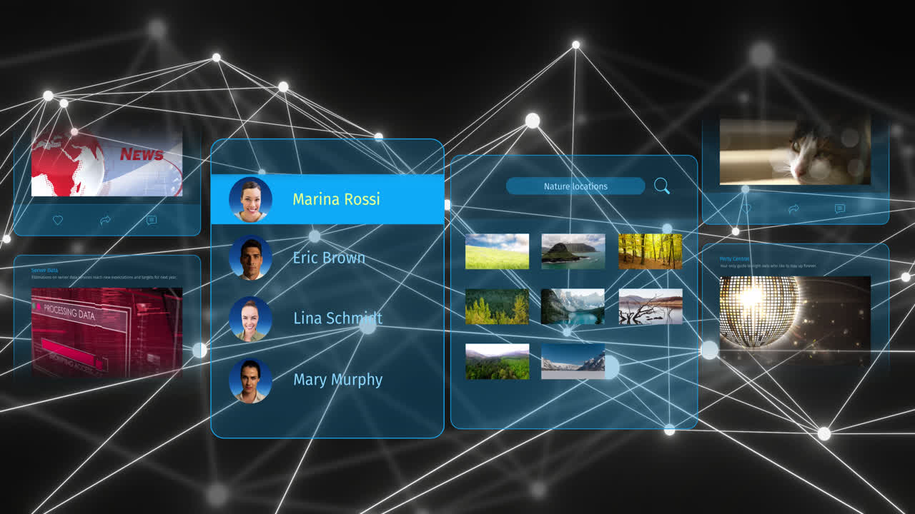 animación de la red de conexiones e iconos digitales sobre fondo negro