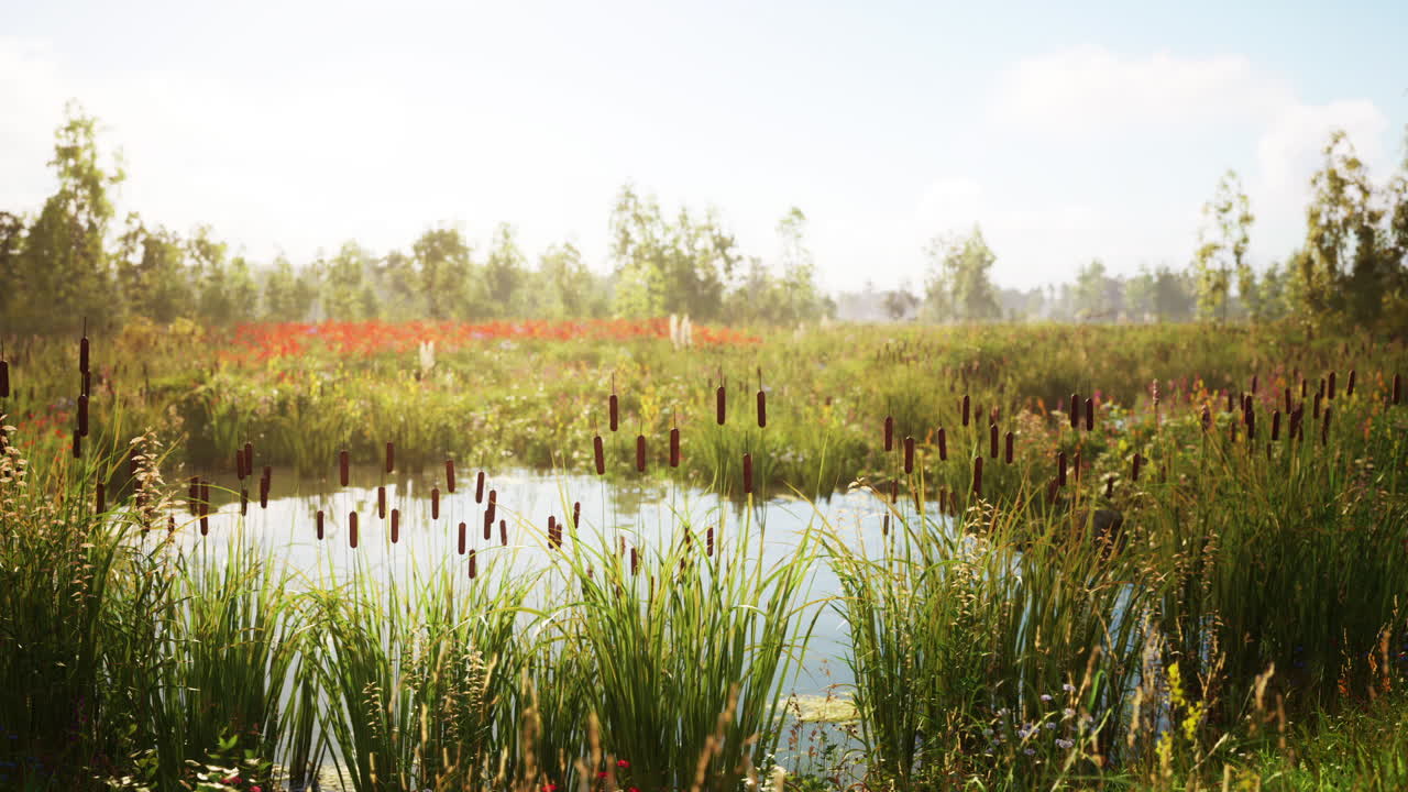 Serene wetland landscape with tall grasses and calm water under a clear sky