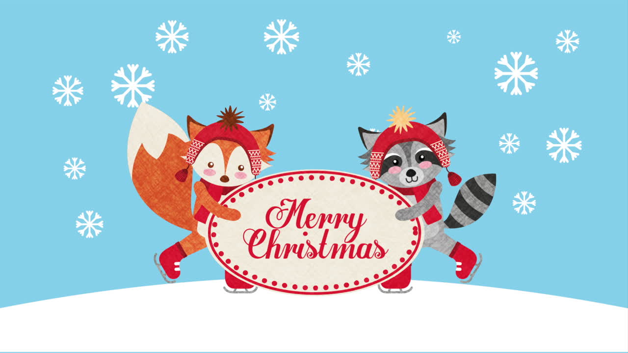 귀여운 래컨과 여우와 함께 메리 크리스마스 카드