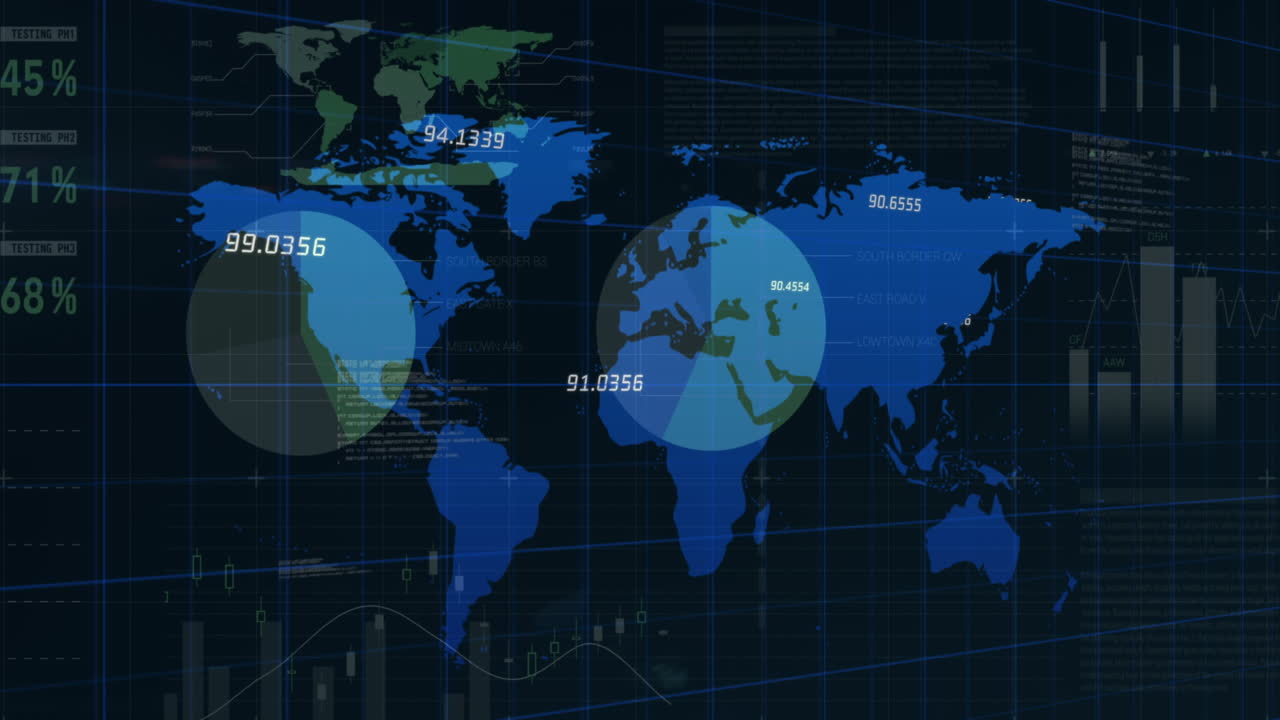 검은색 배경의 세계 지도 위의 금융 데이터 처리 애니메이션