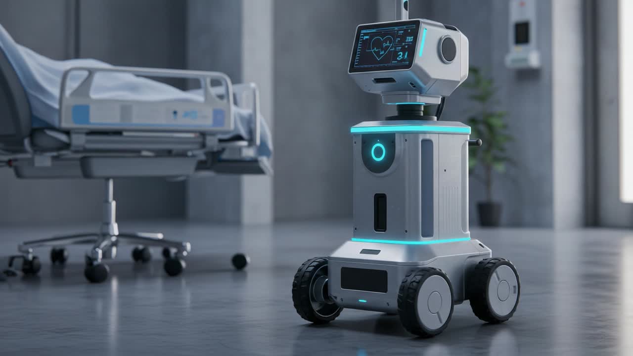 An Innovative Healthcare Robot Monitoring Patient Vital Signs in a Modern Hospital Room, Showcasing Advanced Technology and Automation in Medical Care