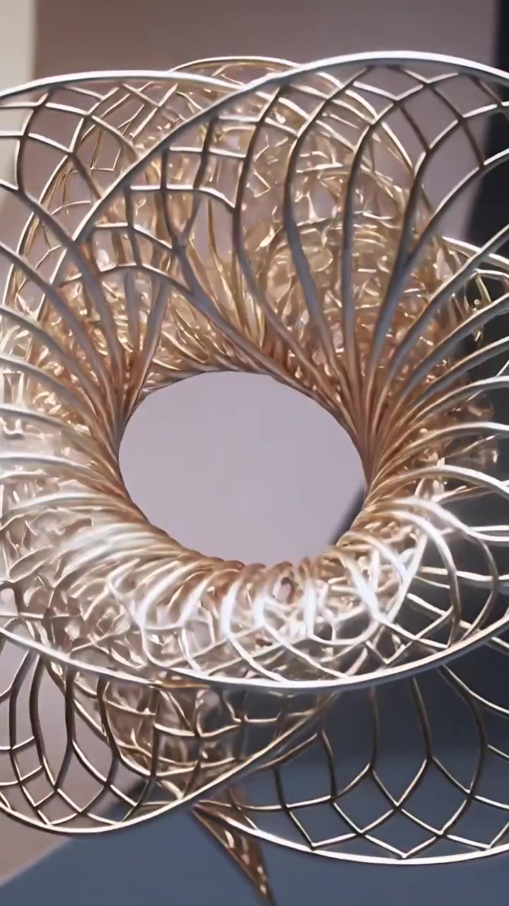 Vertical video: Panning gold lattice ring turning, morphing into flower on blue top showing lattice