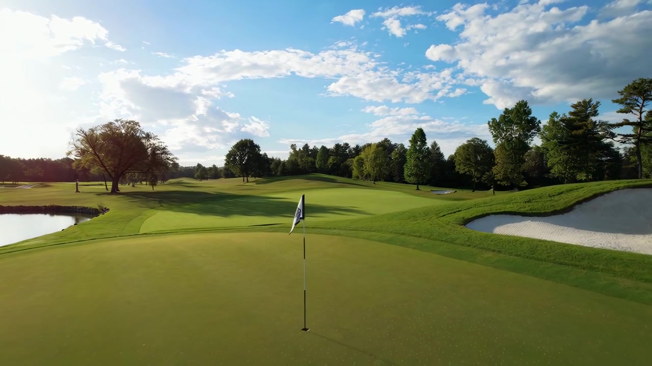 Vista aerea di un bellissimo campo da golf al tramonto.