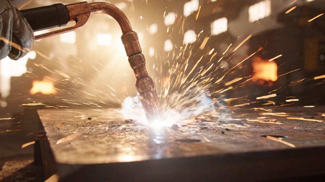 Intense Metalworking Scene Featuring Torch as Sparks Erupt from Hot Surface, Capturing the Art of Fabrication and the Beauty of Metalworking Techniques in Action