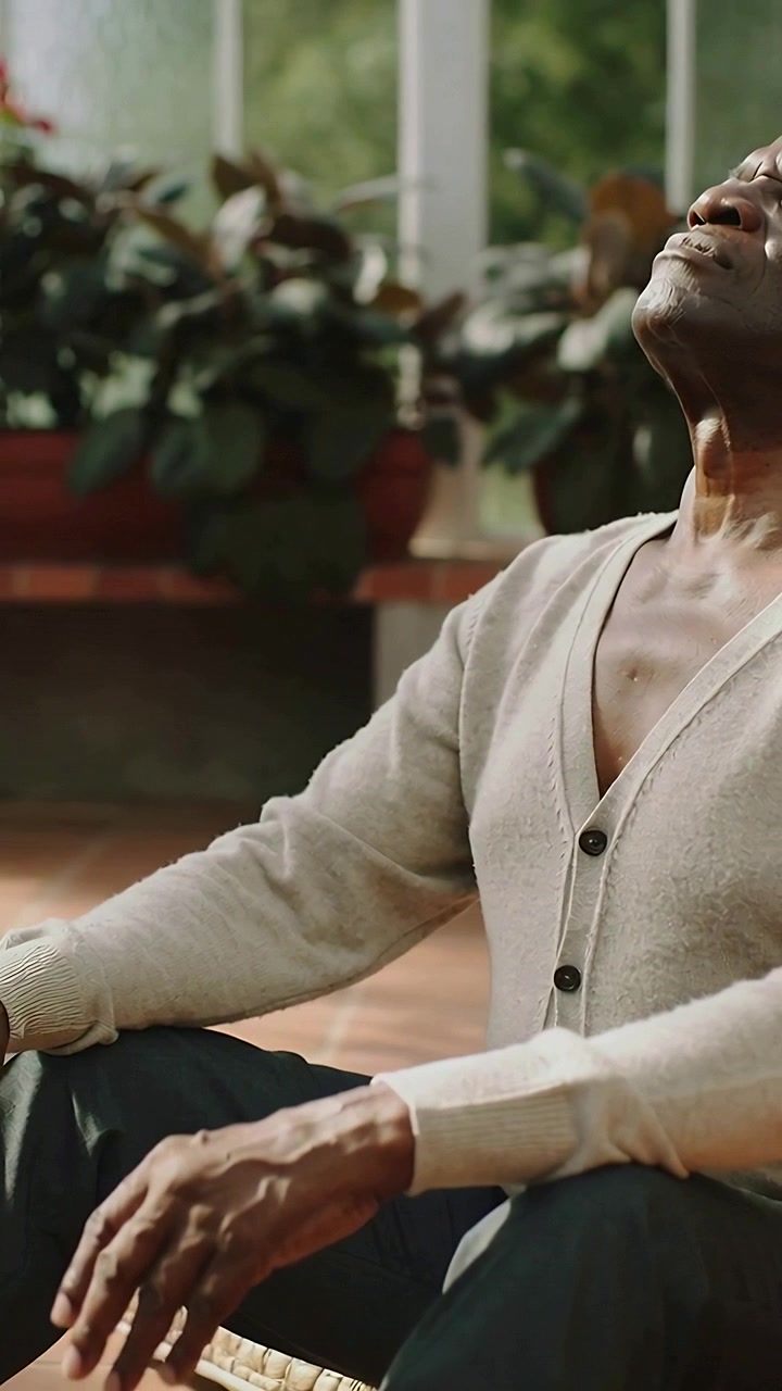 Video verticale: Inclinando verso la luce, un uomo che respira in una veranda, indossando un cardigan su un tappeto vicino alle finestre.