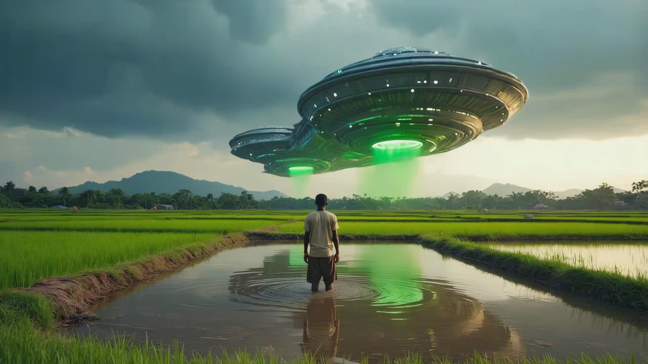A man stands in a flooded rice field as a UFO hovers above