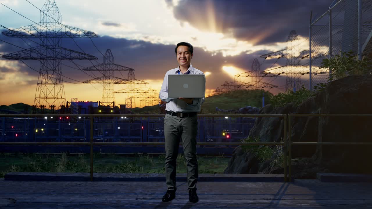 Full Body Of An Asian Male Professional Worker Standing With His Laptop Near High Voltage Tower, Industrial Facility, He Is Looking At The Camera With A Smile