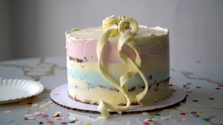 Moving camera framing pastel cake with rosette and ribbons on table by window for texture, confetti